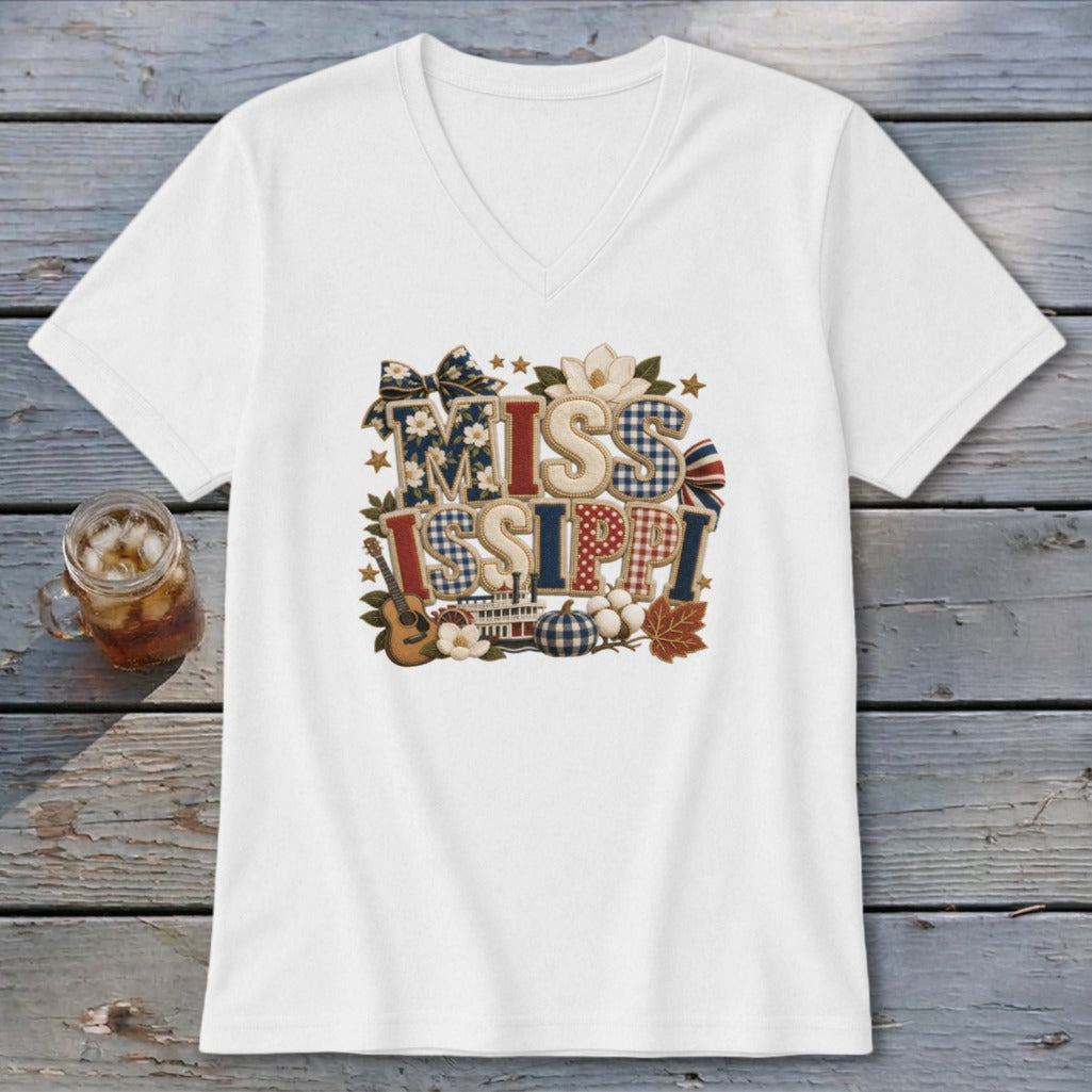 Mississippi Faux Chenille Fall Patch V-neck