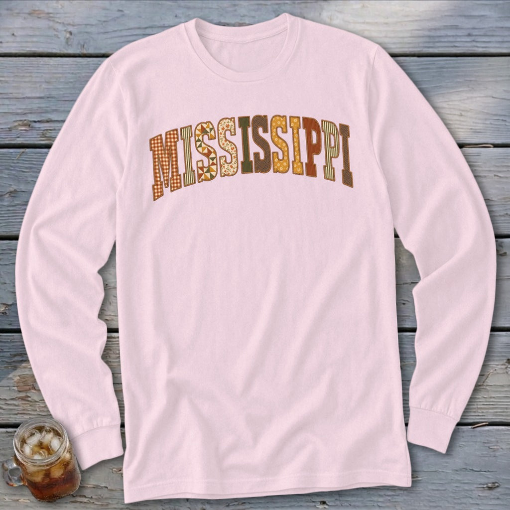 Mississippi Faux Embroidery Letters Long Sleeve Tee