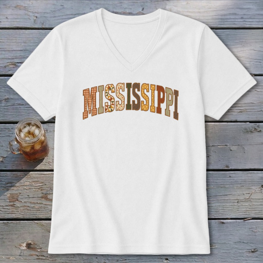 Mississippi Faux Embroidery Letters V-neck