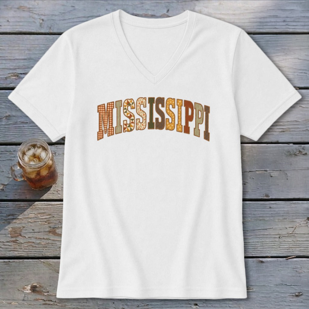 Mississippi Faux Embroidery Letters V-neck