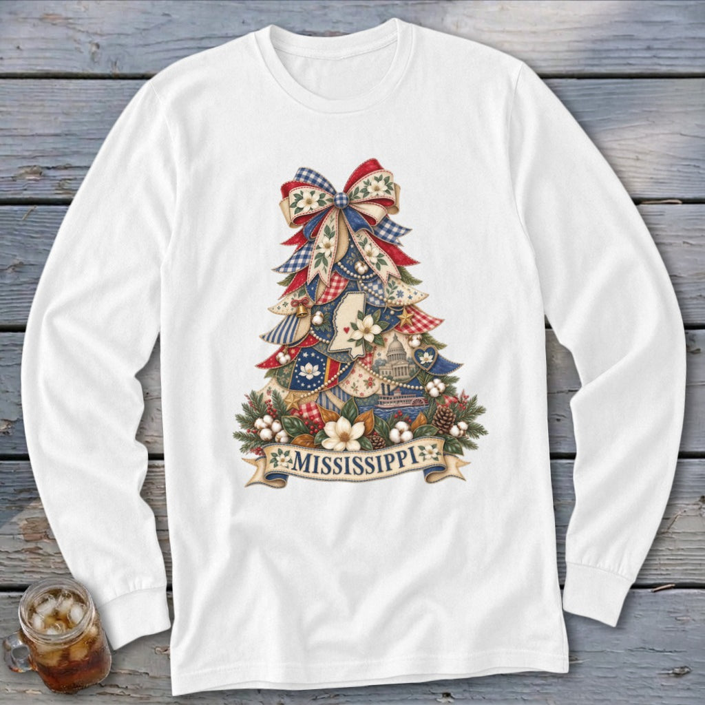 Mississippi Faux Patchwork Christmas Tree Long Sleeve Tee
