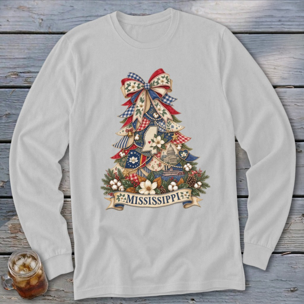 Mississippi Faux Patchwork Christmas Tree Long Sleeve Tee