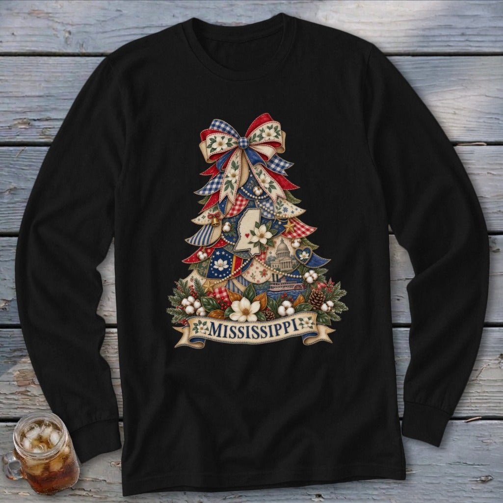 Mississippi Faux Patchwork Christmas Tree Long Sleeve Tee