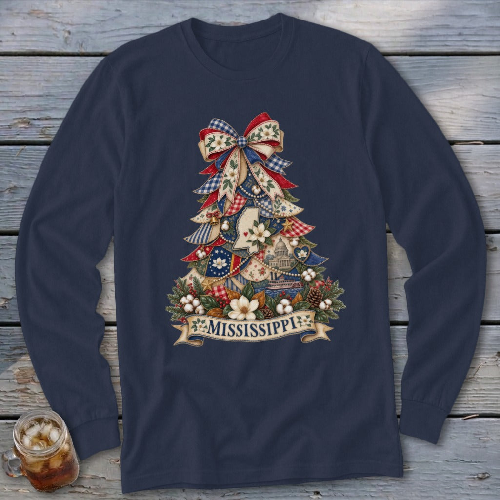 Mississippi Faux Patchwork Christmas Tree Long Sleeve Tee