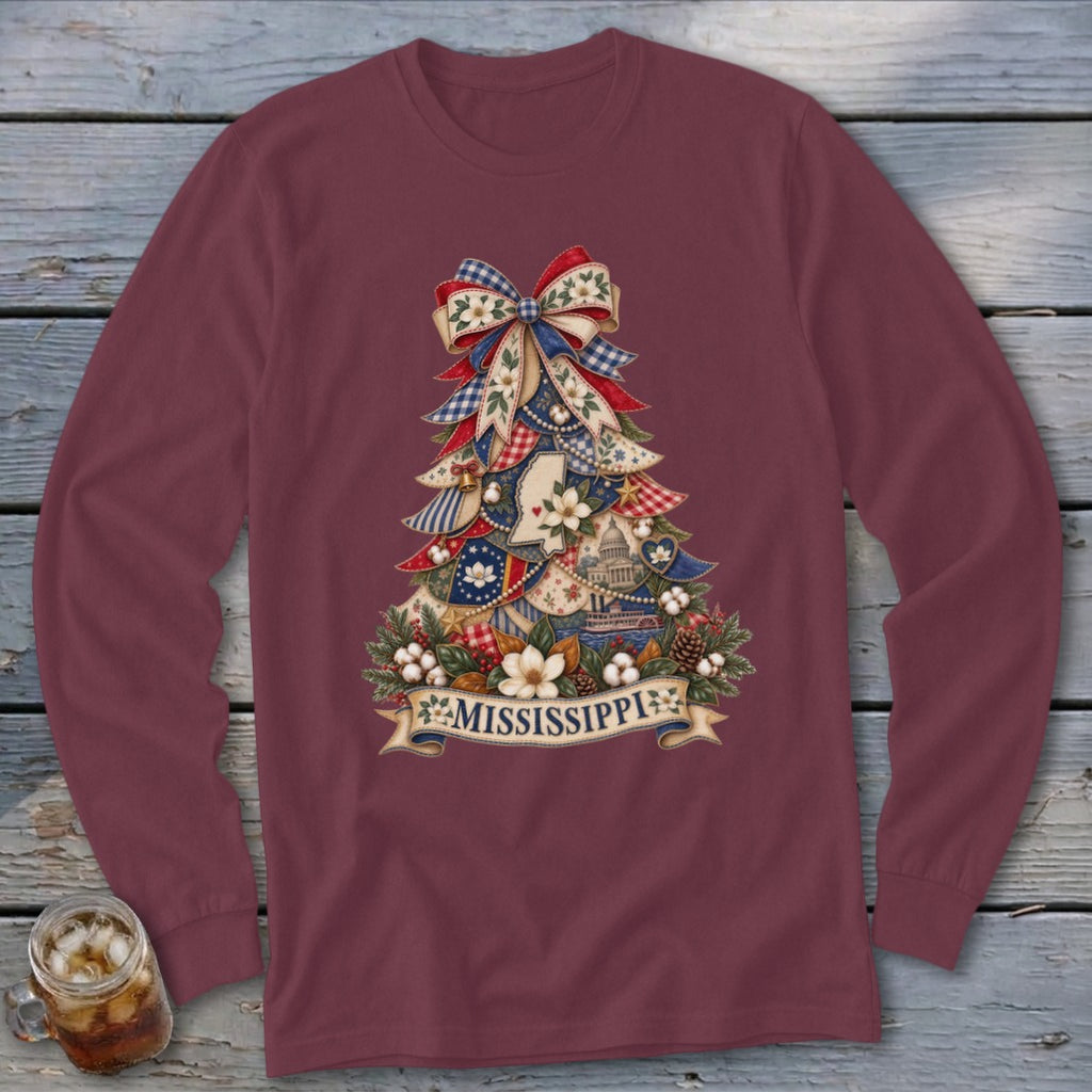 Mississippi Faux Patchwork Christmas Tree Long Sleeve Tee