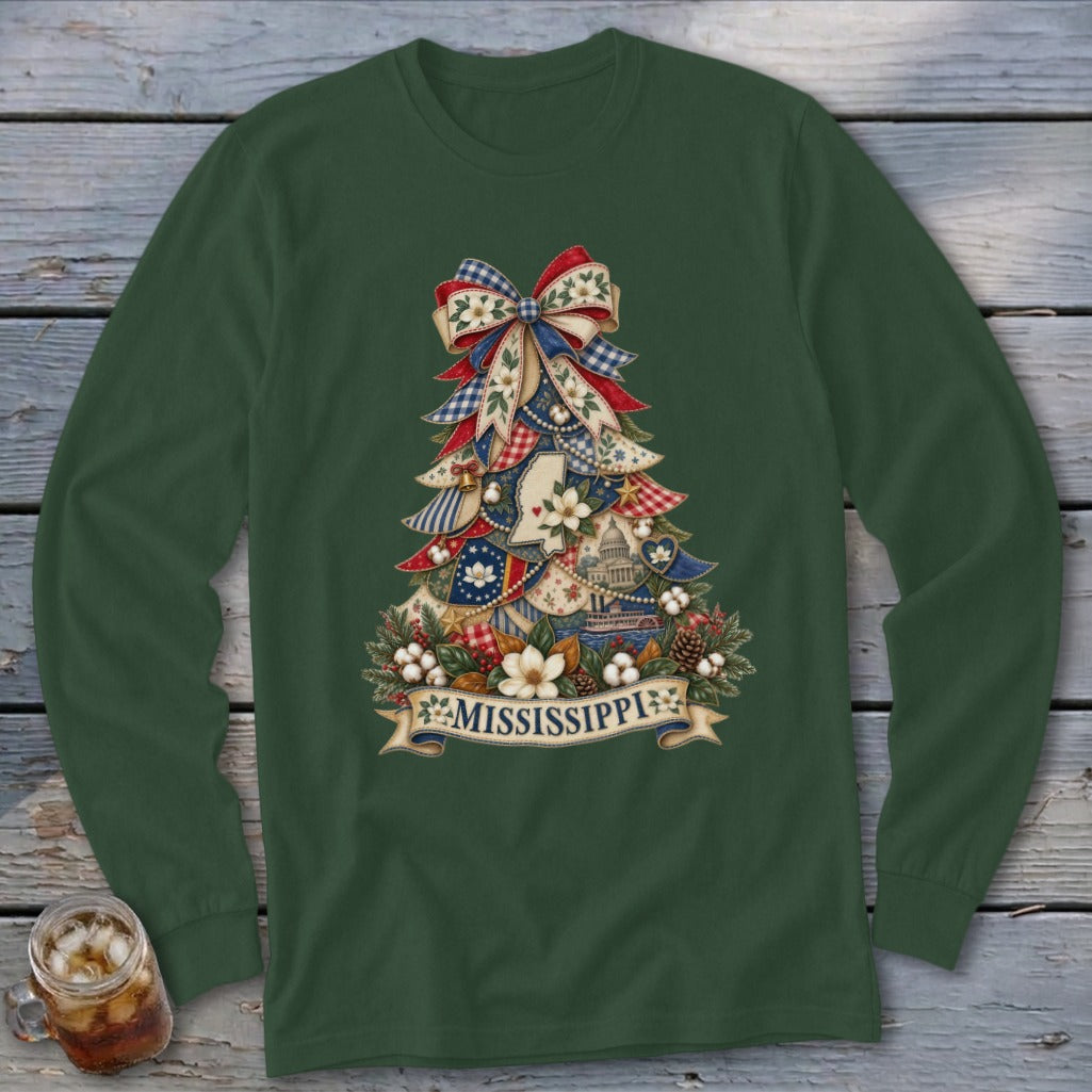 Mississippi Faux Patchwork Christmas Tree Long Sleeve Tee