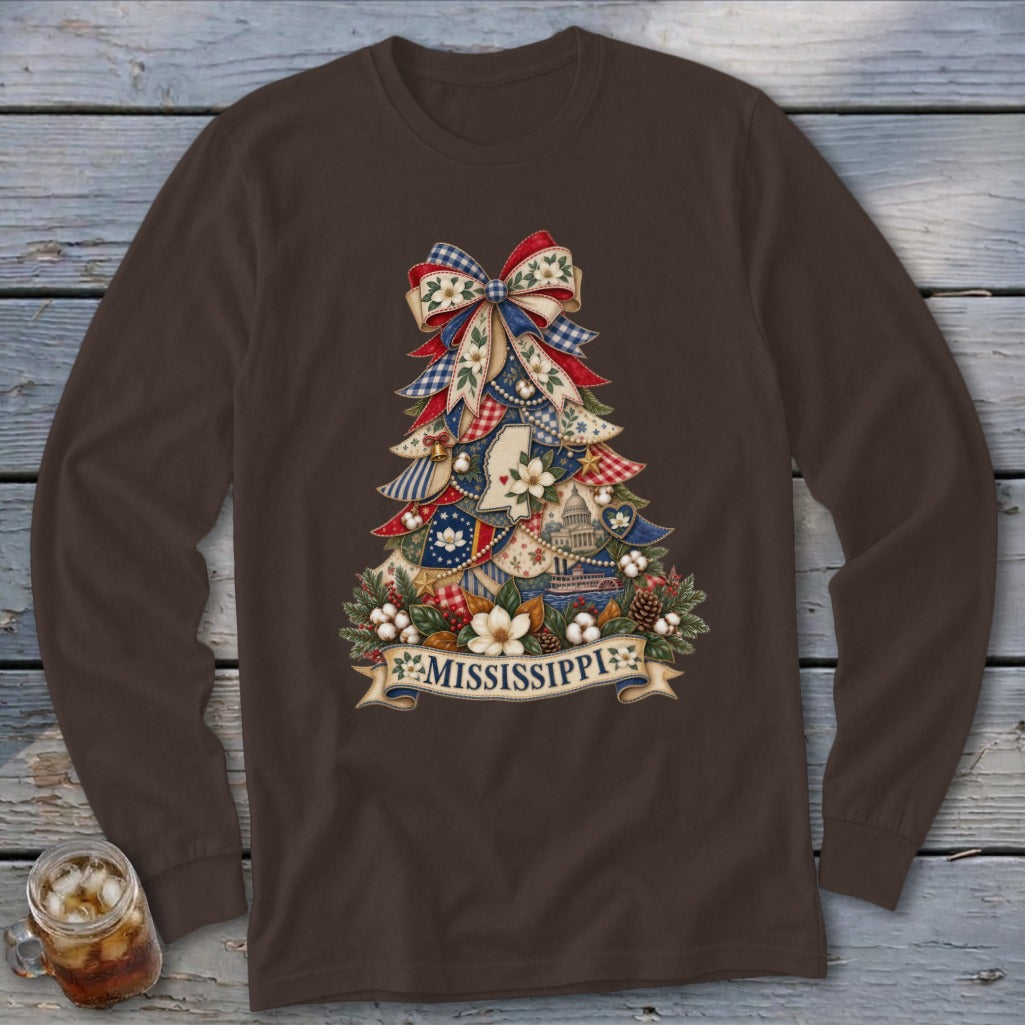 Mississippi Faux Patchwork Christmas Tree Long Sleeve Tee