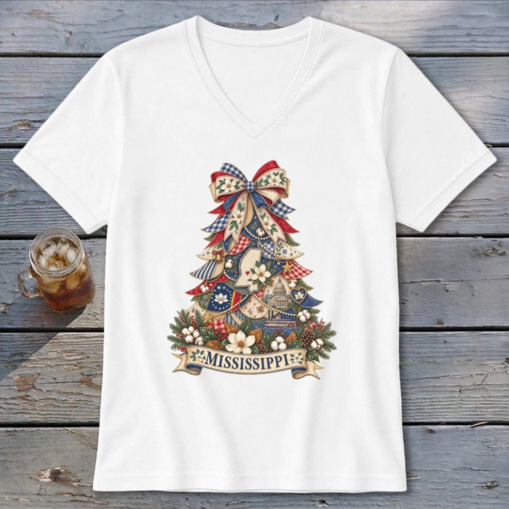 Mississippi Faux Patchwork Christmas Tree V-neck