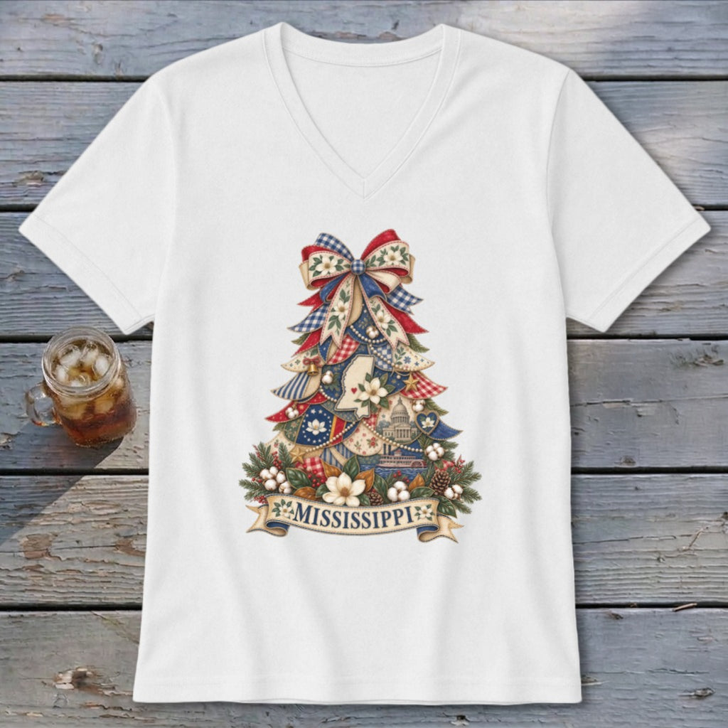Mississippi Faux Patchwork Christmas Tree V-neck