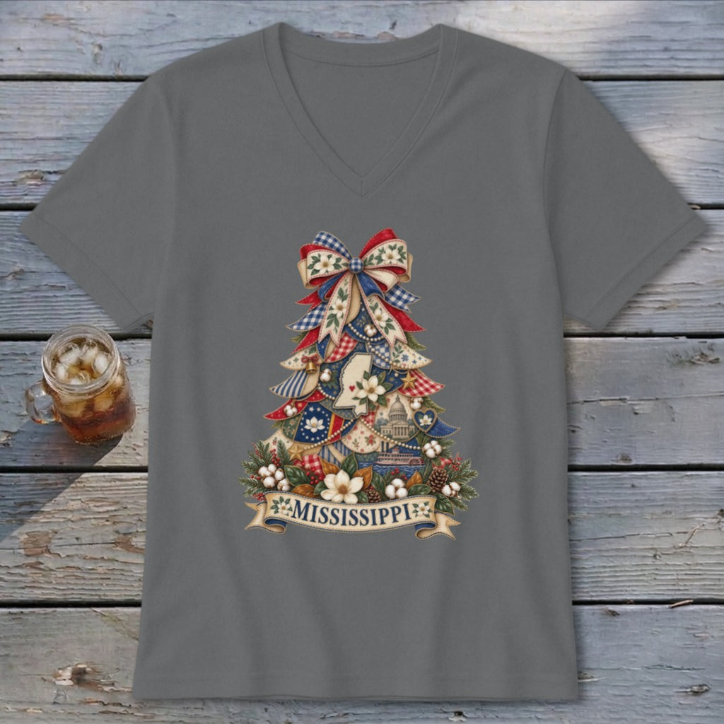 Mississippi Faux Patchwork Christmas Tree V-neck