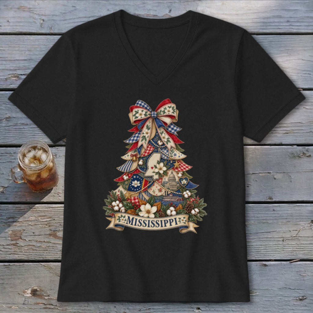Mississippi Faux Patchwork Christmas Tree V-neck