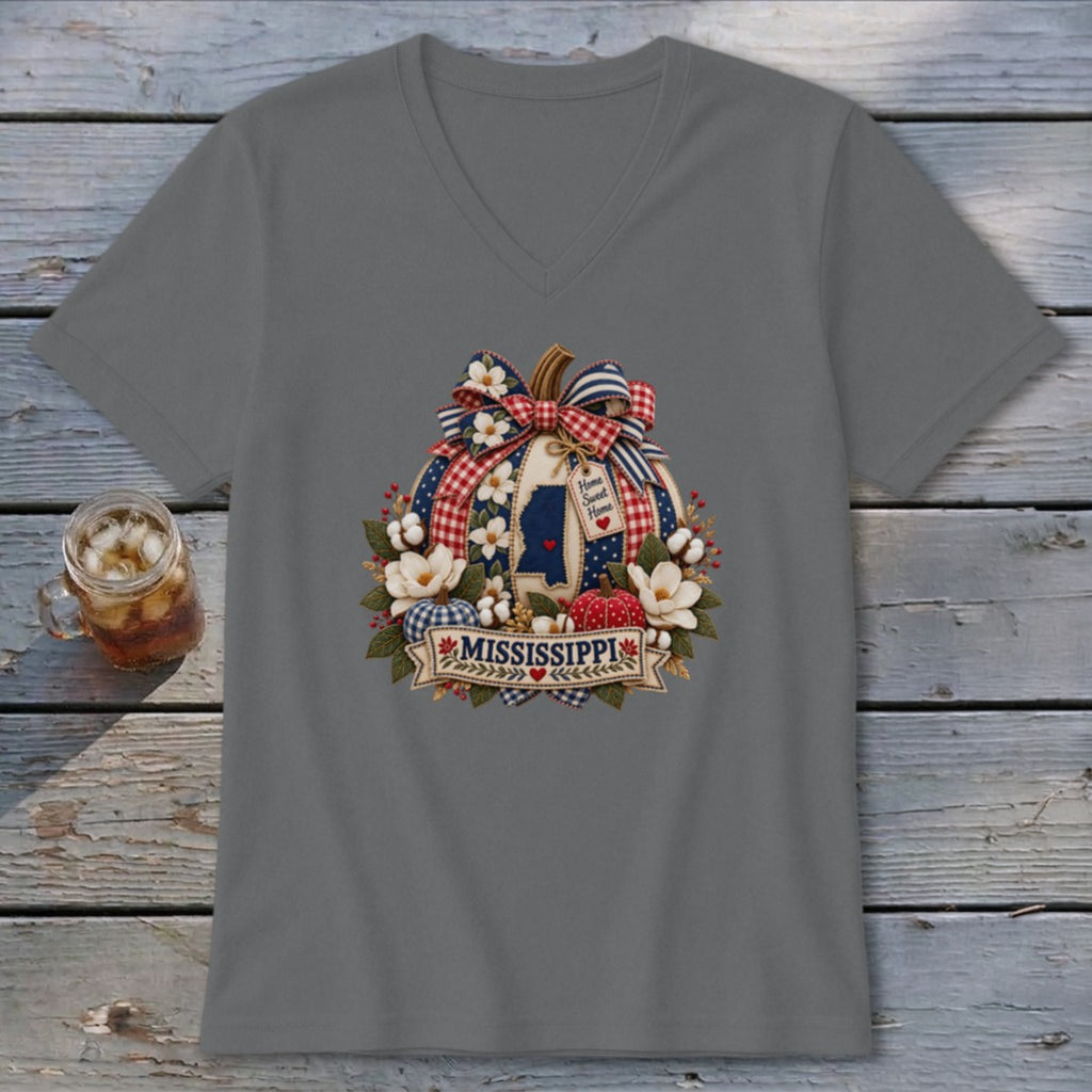 Mississippi Faux Patchwork Pumpkin V-neck