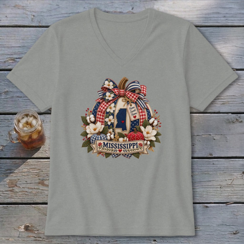Mississippi Faux Patchwork Pumpkin V-neck