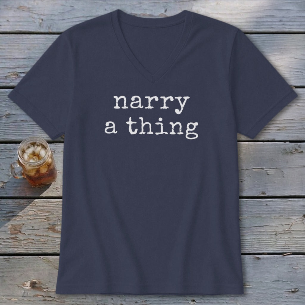 Navy v-neck t-shirt with white text "narry a thing" and a glass of iced tea.