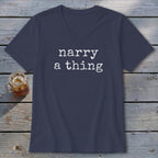 Navy v-neck t-shirt with white text "narry a thing" and a glass of iced tea.