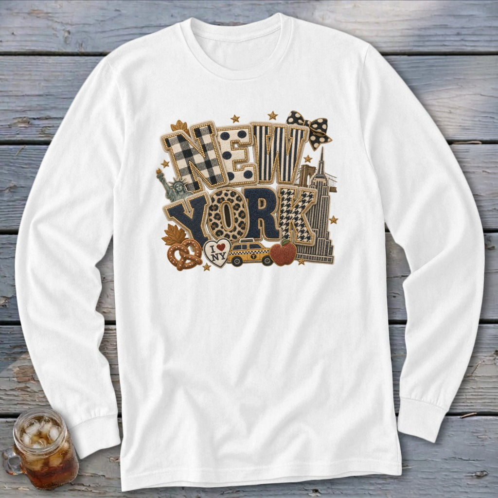 New York Faux Chenille Fall Patch Long Sleeve Tee