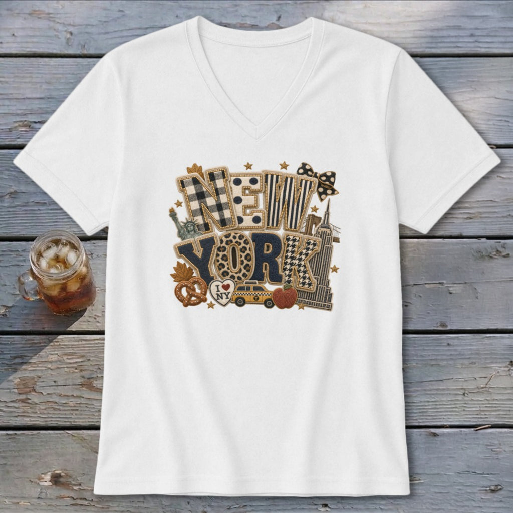 New York Faux Chenille Fall Patch V-neck