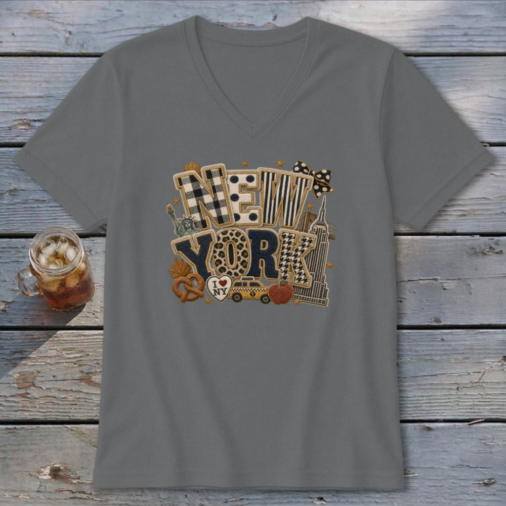 New York Faux Chenille Fall Patch V-neck