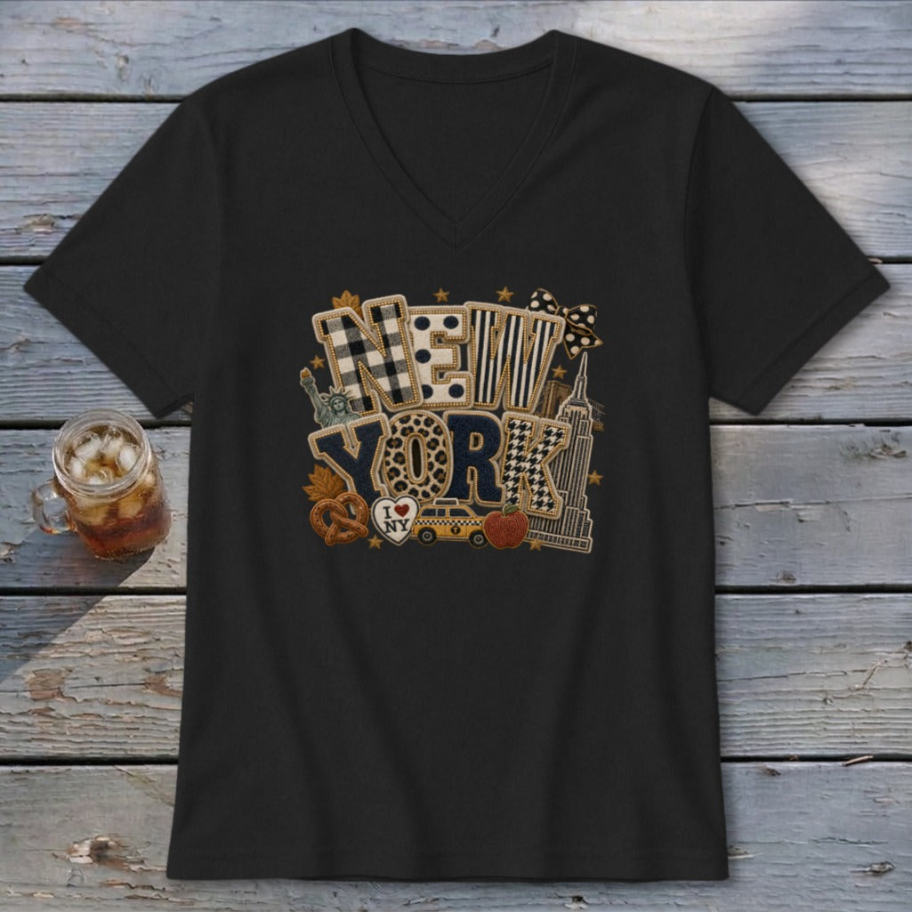 New York Faux Chenille Fall Patch V-neck