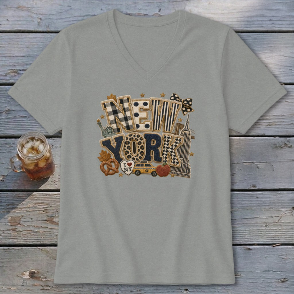 New York Faux Chenille Fall Patch V-neck