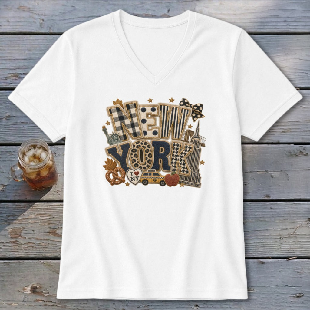 New York Faux Chenille Fall Patch V-neck