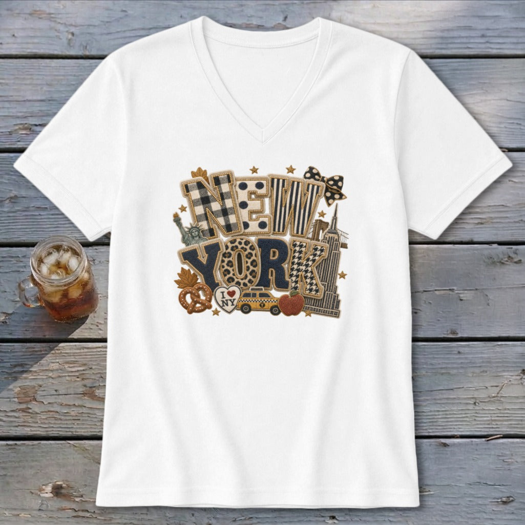 New York Faux Chenille Fall Patch V-neck