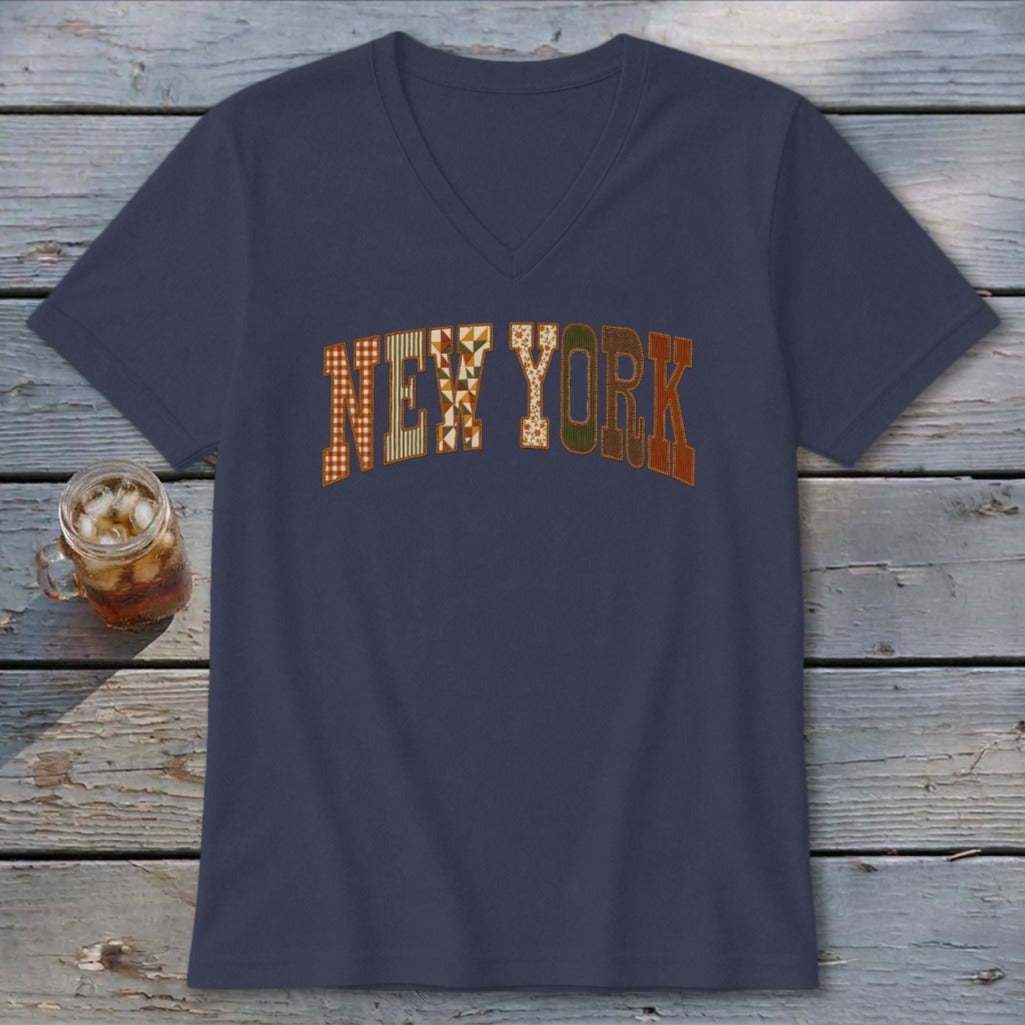 New York Faux Embroidery Letters V-neck