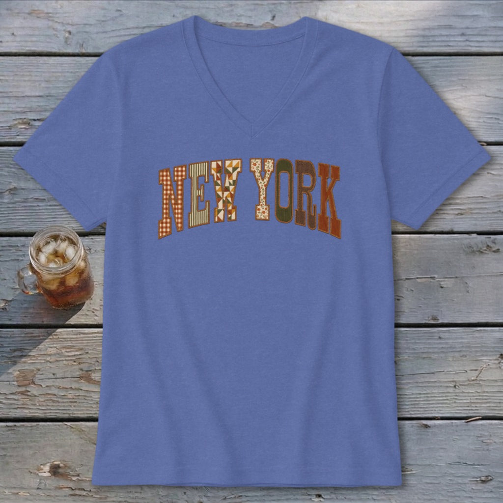 New York Faux Embroidery Letters V-neck