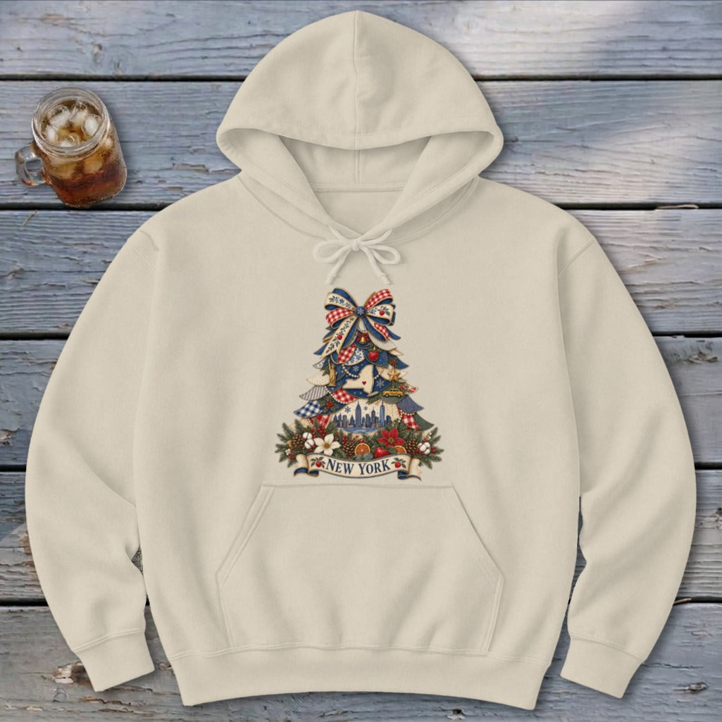 New York Faux Patchwork Christmas Tree Hoodie