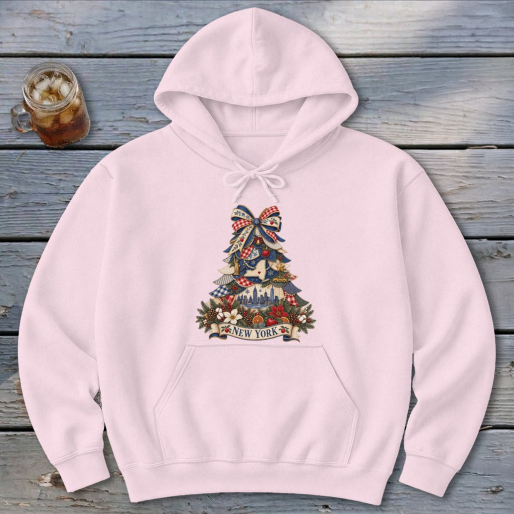 New York Faux Patchwork Christmas Tree Hoodie