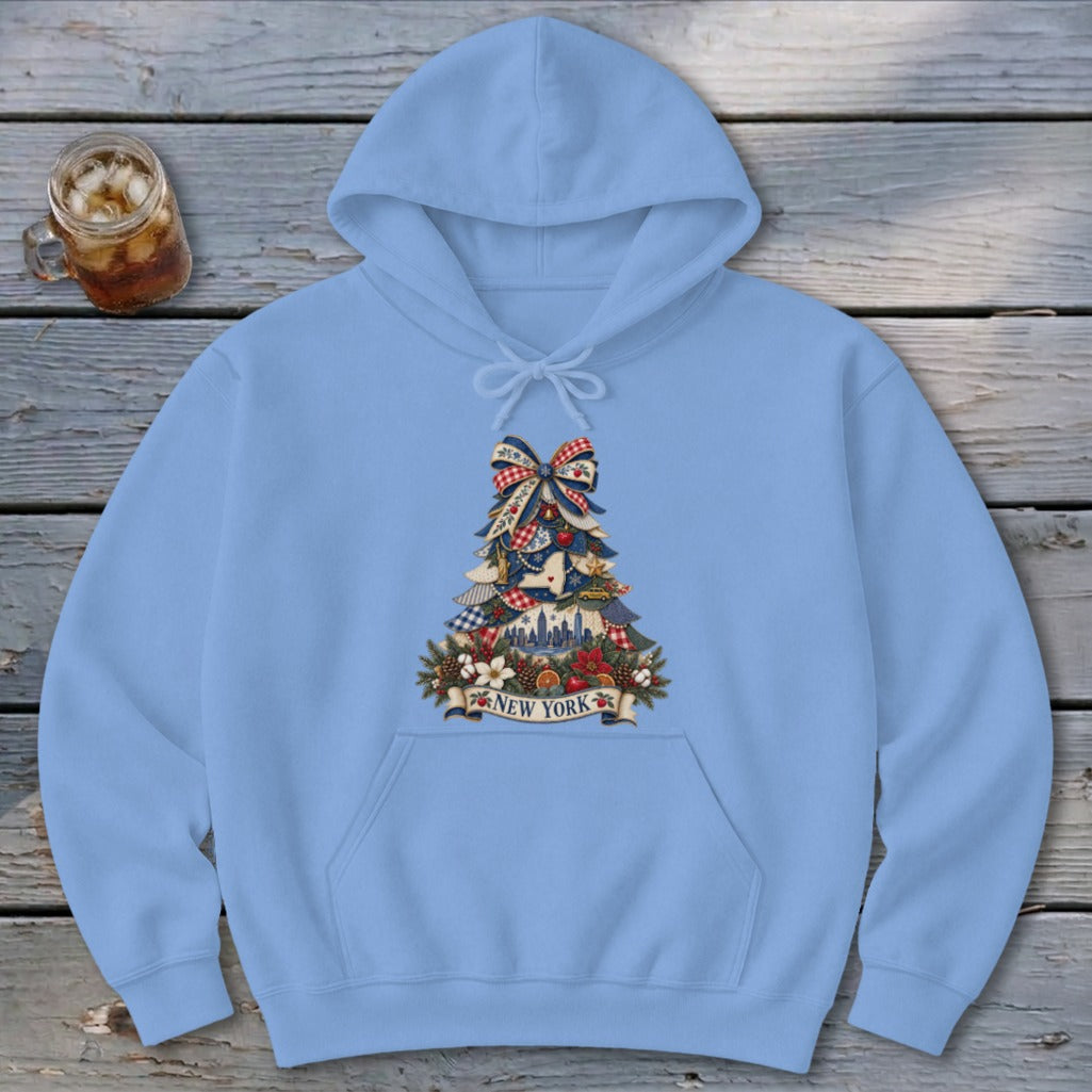 New York Faux Patchwork Christmas Tree Hoodie