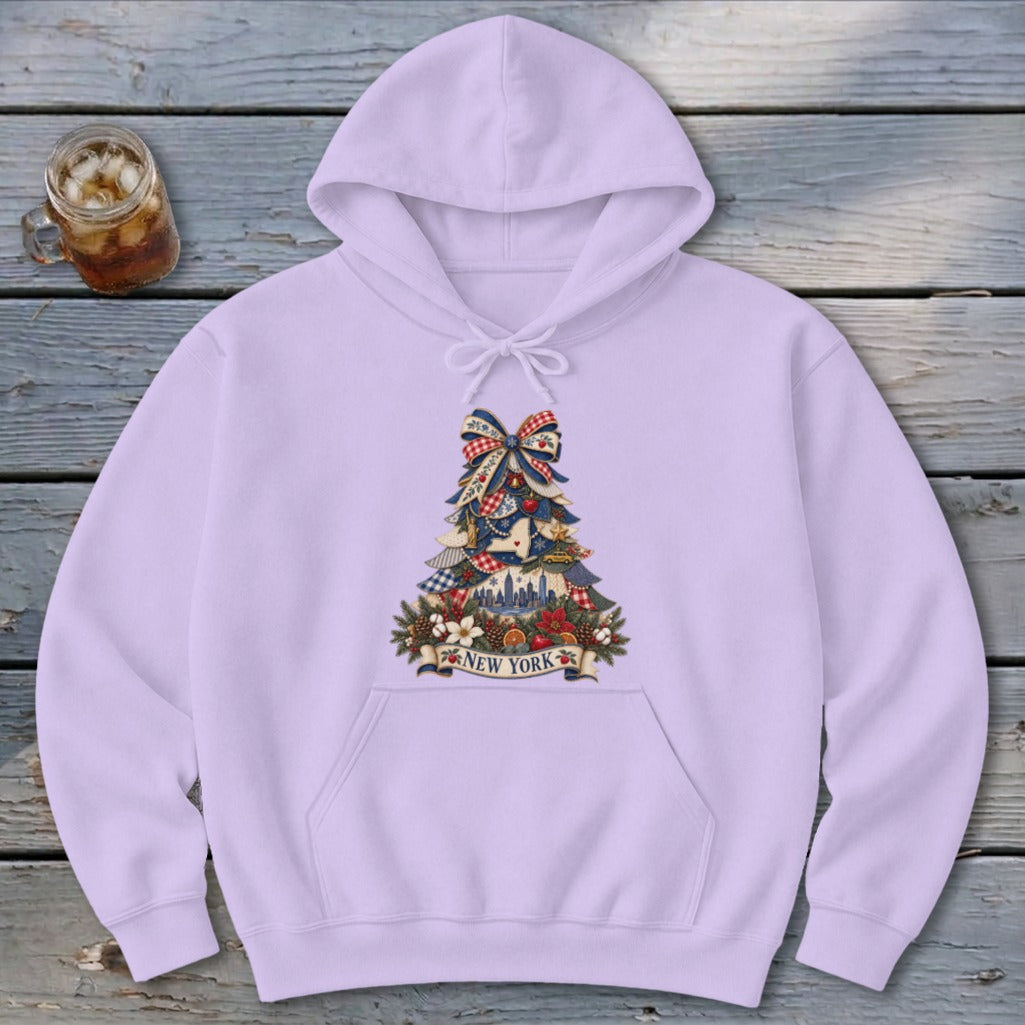 New York Faux Patchwork Christmas Tree Hoodie