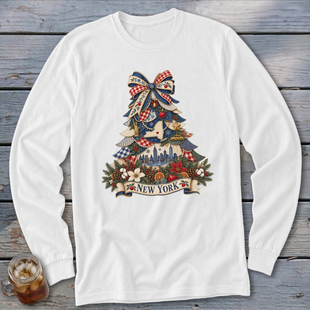 New York Faux Patchwork Christmas Tree Long Sleeve Tee