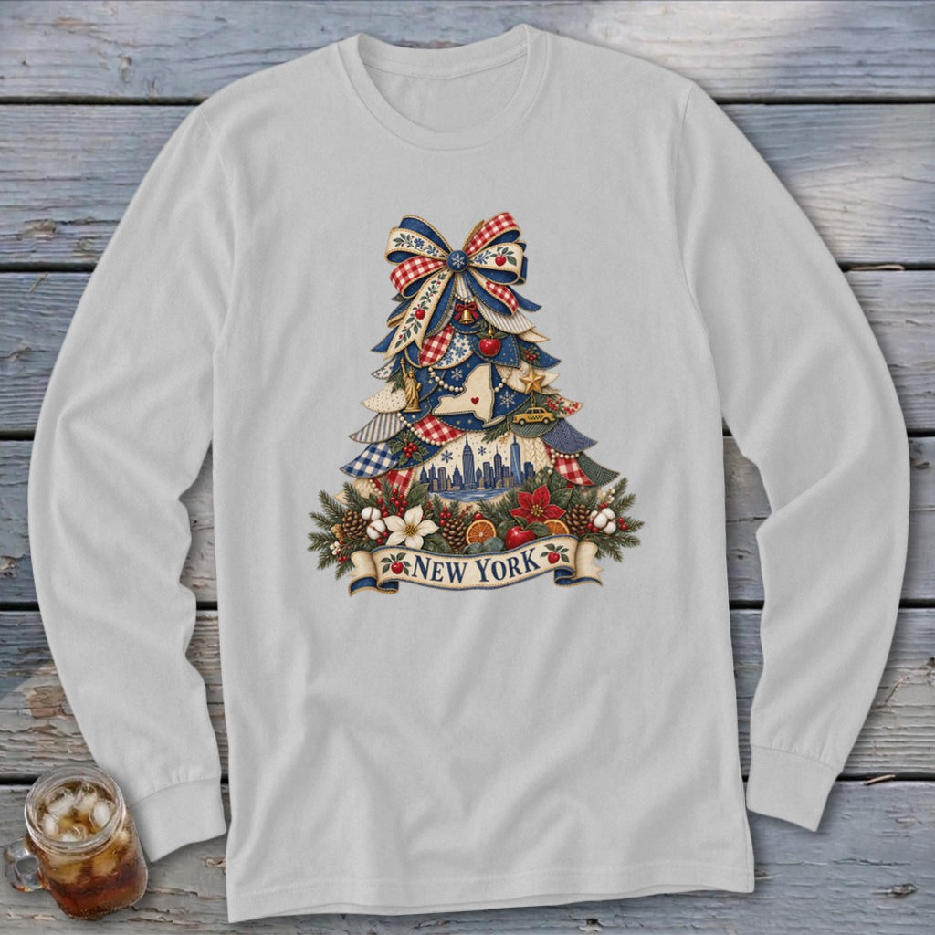 New York Faux Patchwork Christmas Tree Long Sleeve Tee