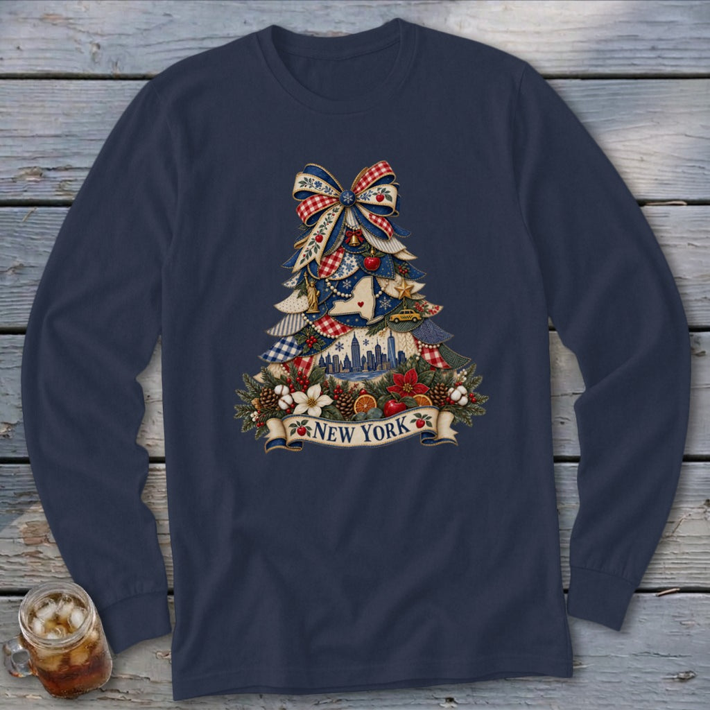 New York Faux Patchwork Christmas Tree Long Sleeve Tee