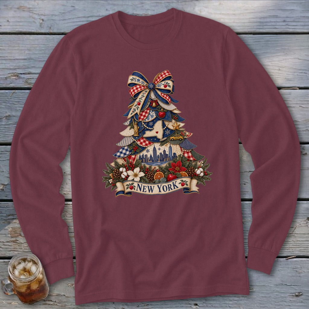 New York Faux Patchwork Christmas Tree Long Sleeve Tee
