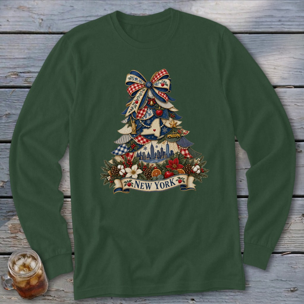 New York Faux Patchwork Christmas Tree Long Sleeve Tee