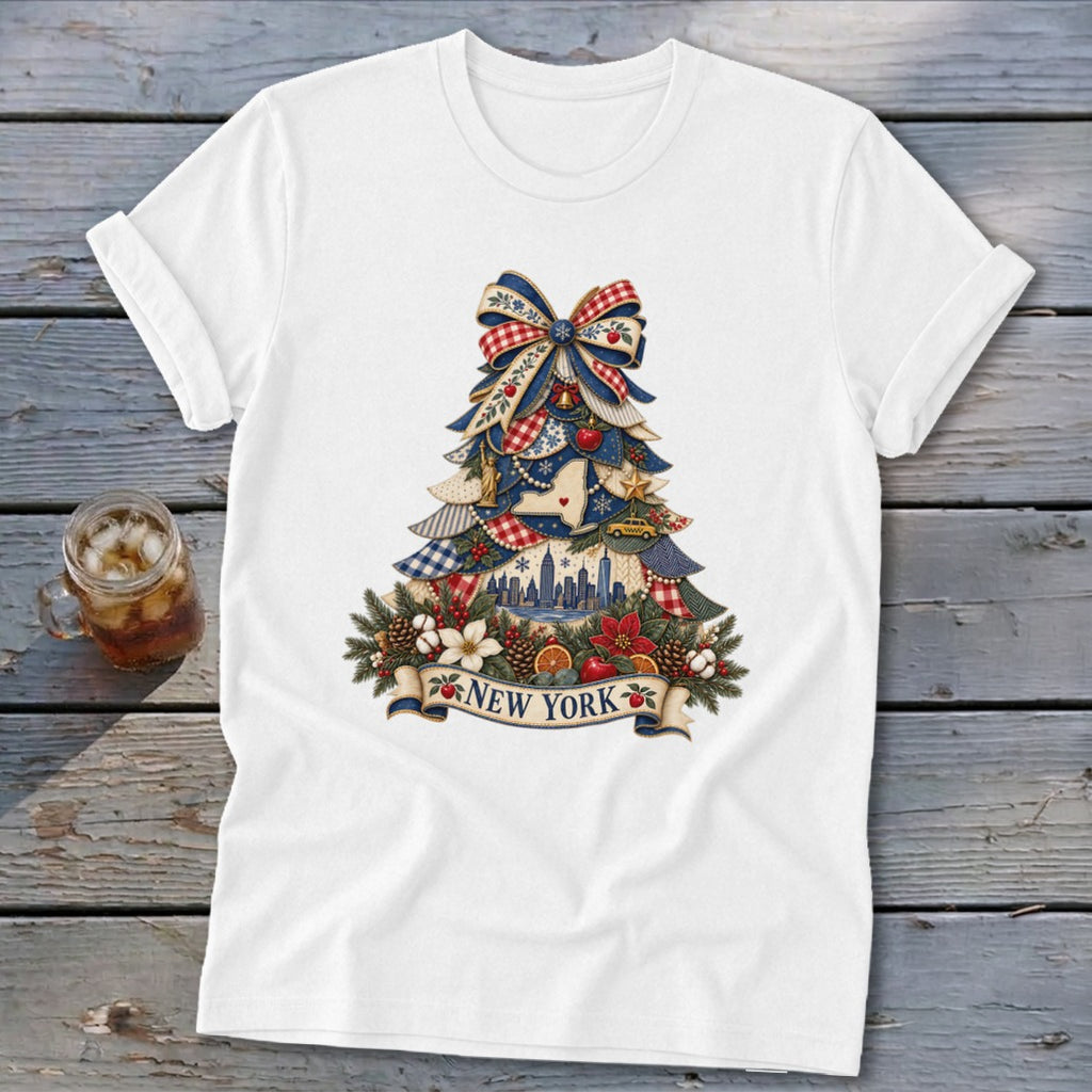 New York Faux Patchwork Christmas Tree Softstyle Tee