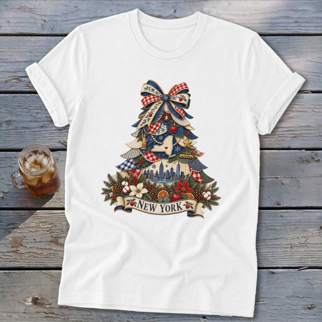 New York Faux Patchwork Christmas Tree Softstyle Tee