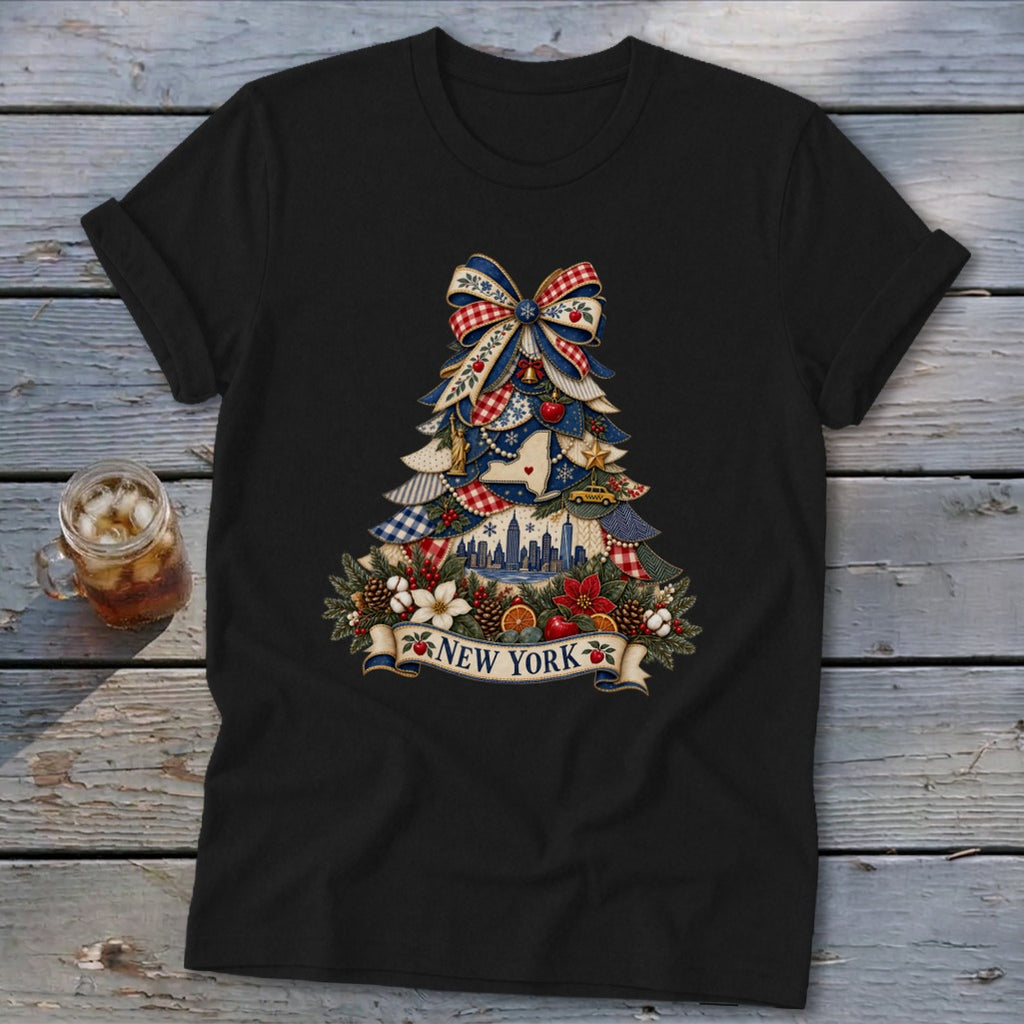 New York Faux Patchwork Christmas Tree Softstyle Tee