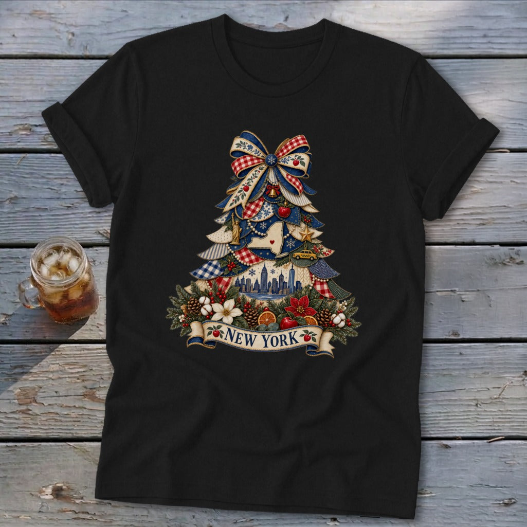 New York Faux Patchwork Christmas Tree Softstyle Tee