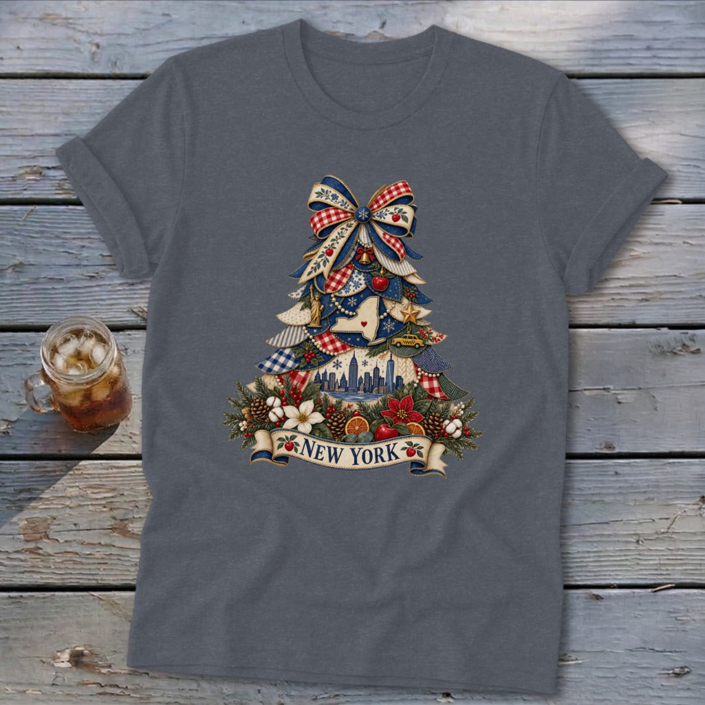 New York Faux Patchwork Christmas Tree Softstyle Tee