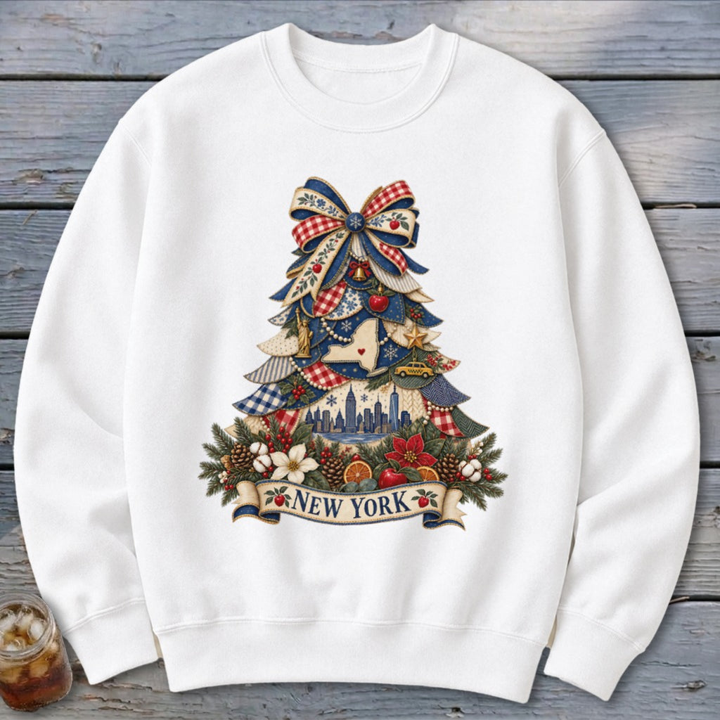 New York Faux Patchwork Christmas Tree Sweatshirt