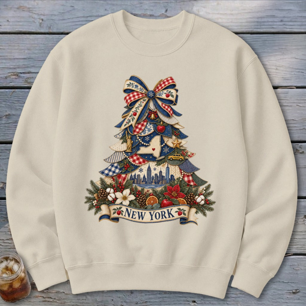 New York Faux Patchwork Christmas Tree Sweatshirt