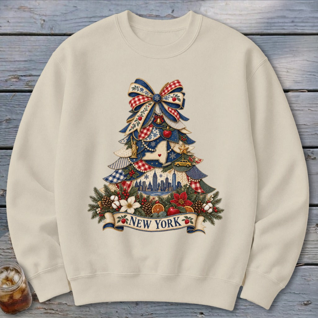 New York Faux Patchwork Christmas Tree Sweatshirt