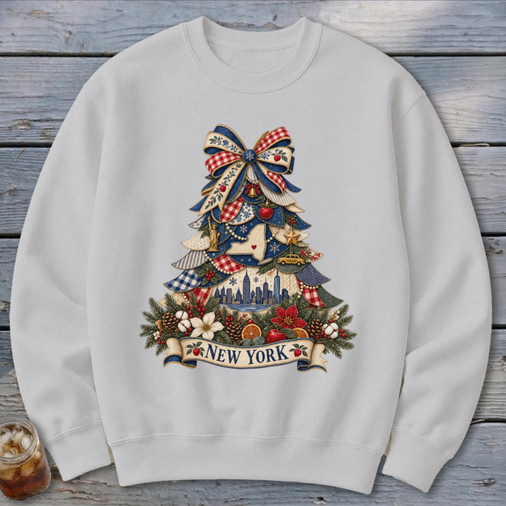 New York Faux Patchwork Christmas Tree Sweatshirt