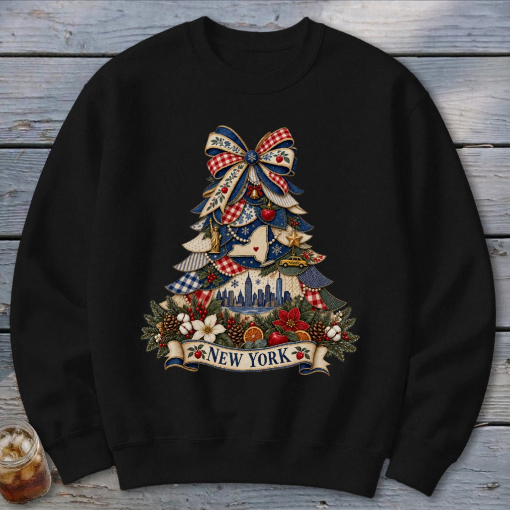 New York Faux Patchwork Christmas Tree Sweatshirt