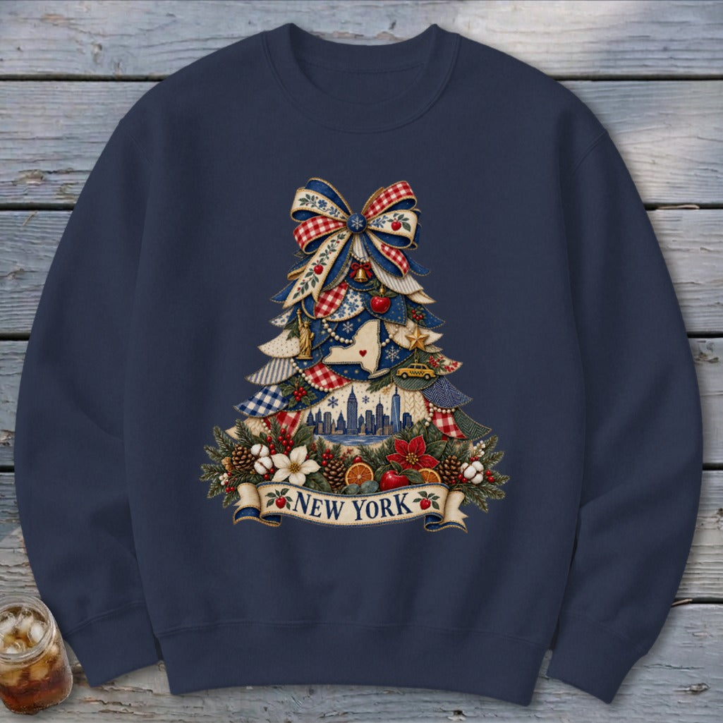 New York Faux Patchwork Christmas Tree Sweatshirt