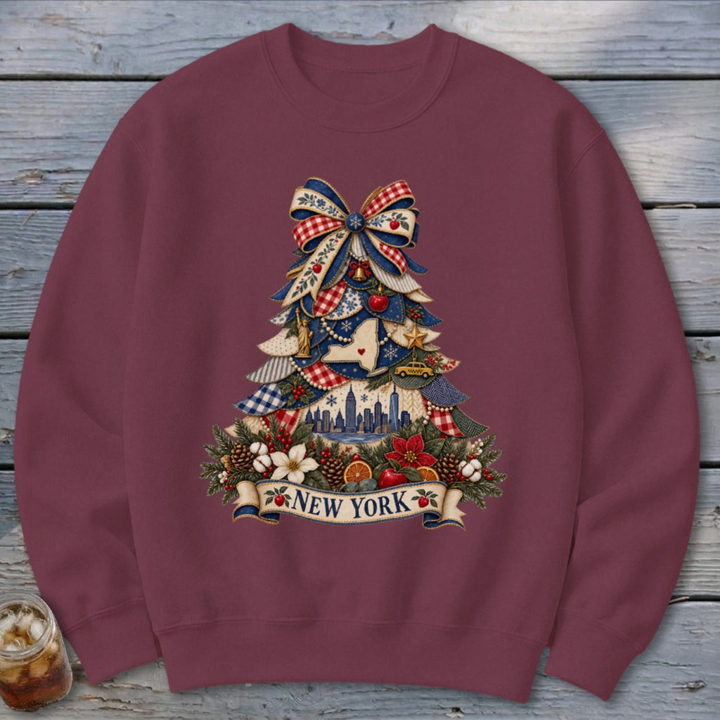 New York Faux Patchwork Christmas Tree Sweatshirt