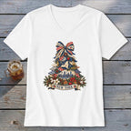 New York Faux Patchwork Christmas Tree V-neck